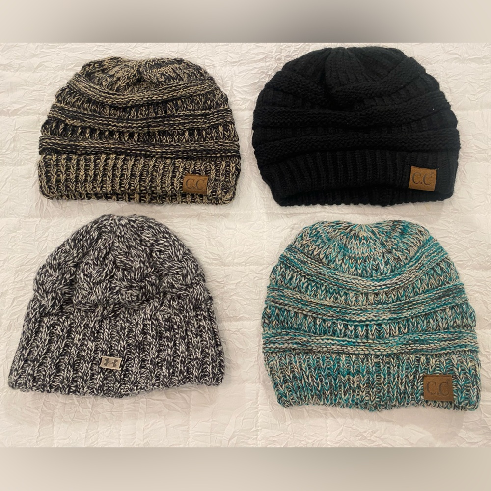 Lot of 4 beanie hats-3 CC Brand and 1 Under Armor-excellent condition- see pics